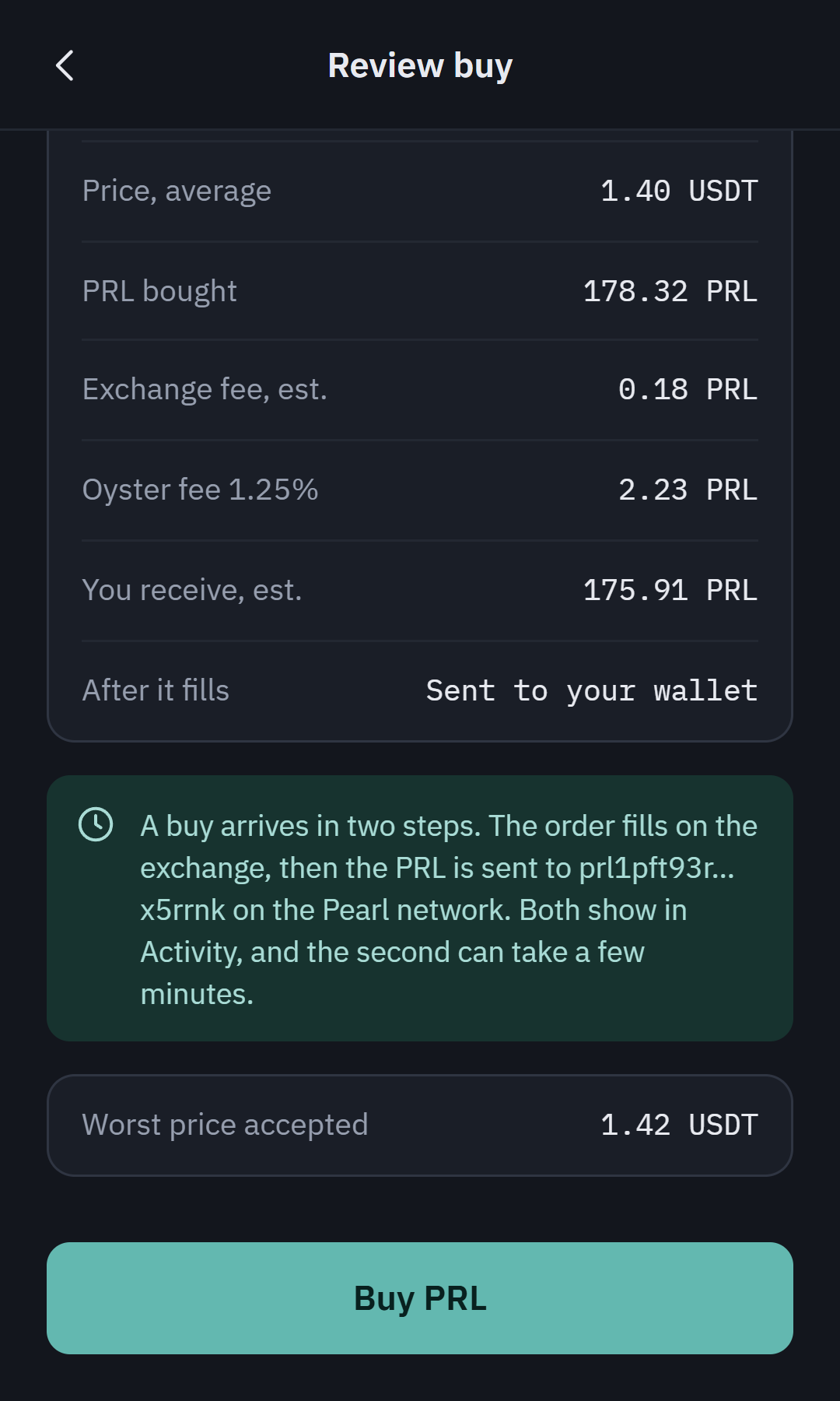 Oyster review buy screen with price, fees and PRL received