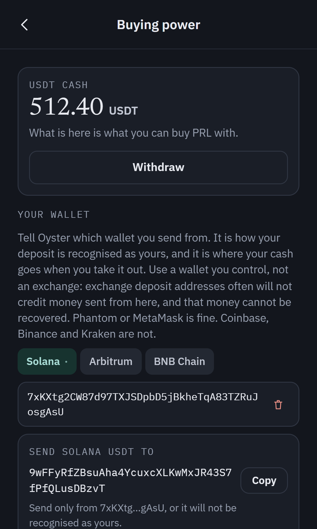 Oyster buying power screen with a USDT deposit address