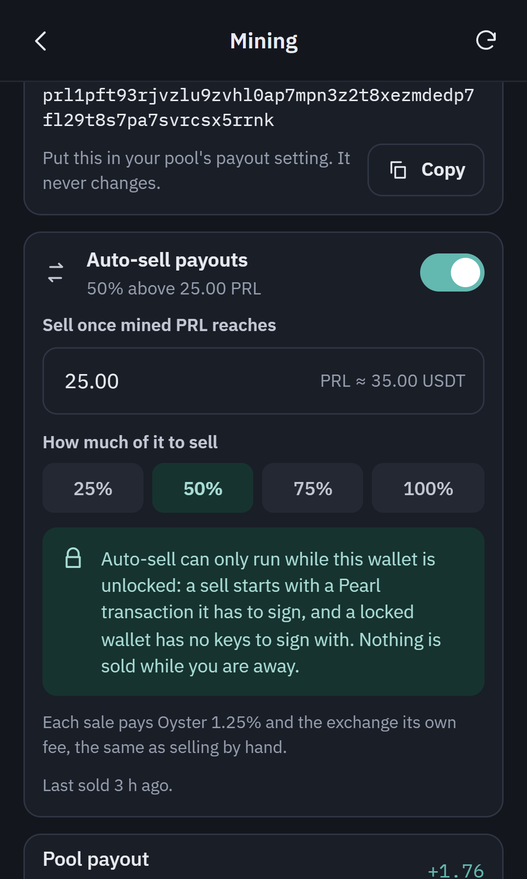 Oyster mining screen with auto-sell turned on