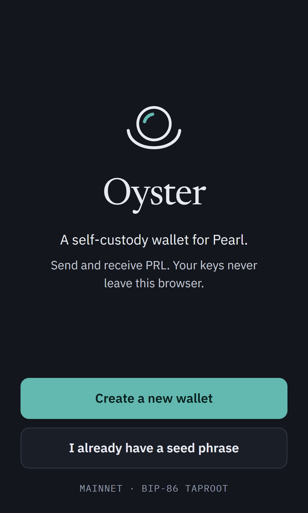 Oyster welcome screen with create and restore options